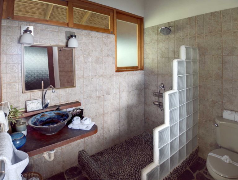 Bathroom with tiled shower, vessel sink, and glass block partition in Manuel Antonio Costa Rica