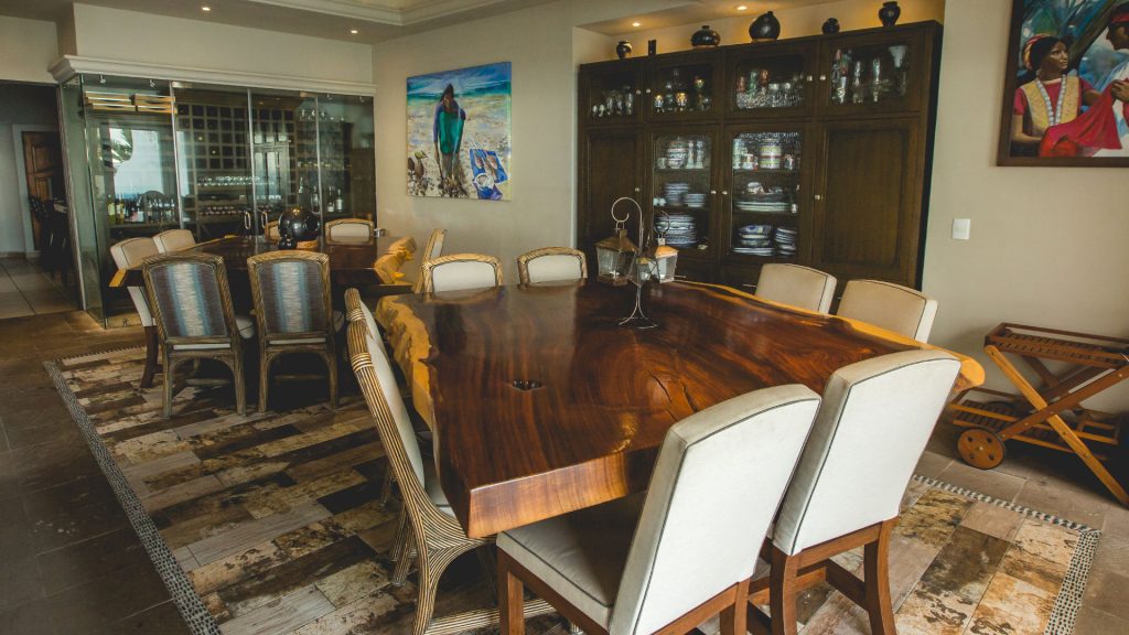 This large dining table is custom made with lots of seating space. 