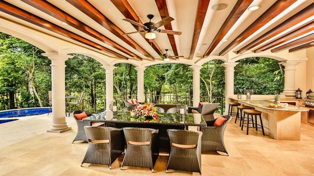 Plenty of seating for so many, ceiling fans for all to enjoy the comforts of being outdoors