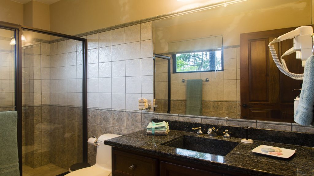 This guest room bath at FL-07 features a large shower and granite counter-tops.