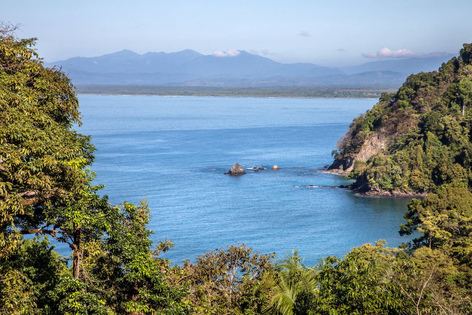 Upper-level view of the coastline and Pacific Ocean from a villa in Manuel Antonio