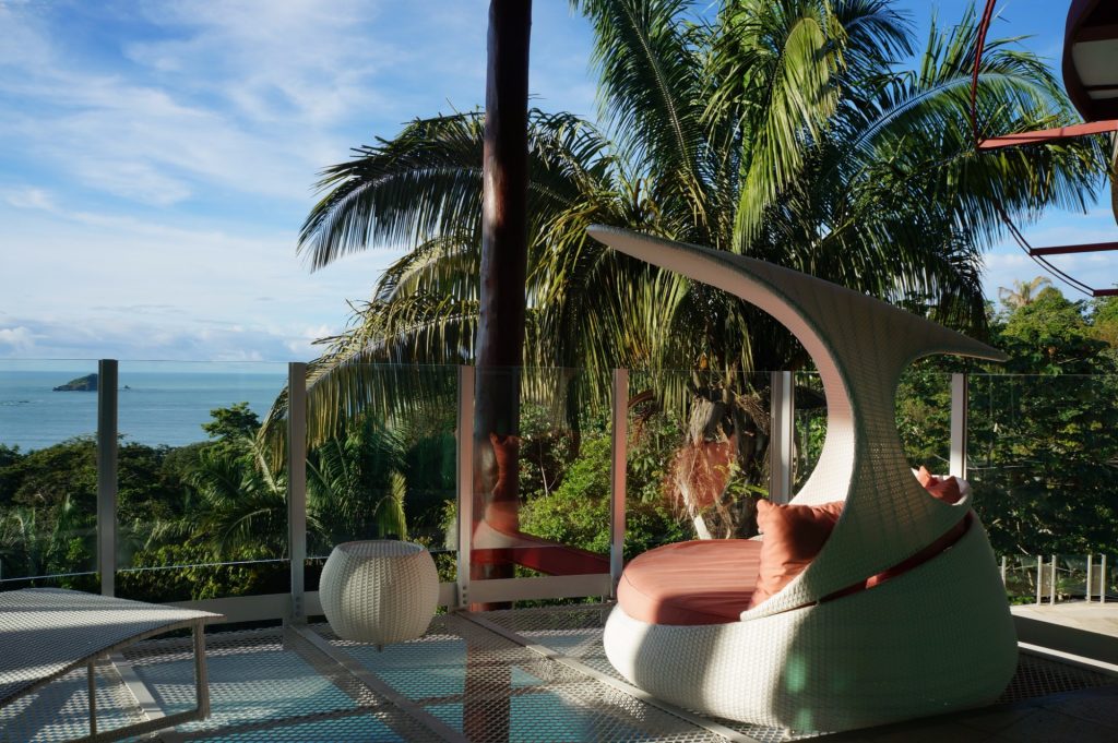 Comfortable luxury furniture awaits you on this terrace with spectacular jungle and ocean views.