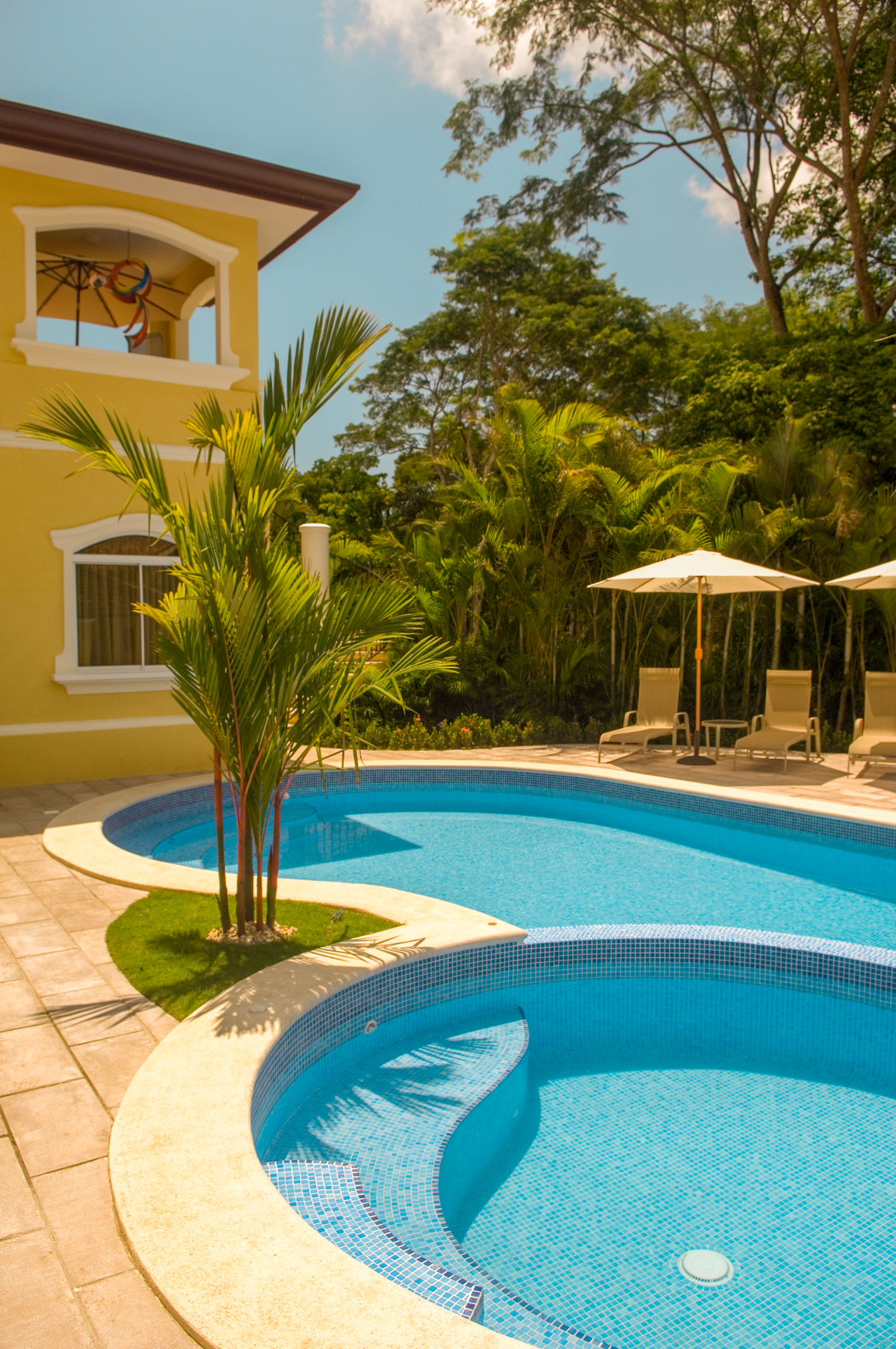 Curved swimming pool and jacuzzi on a private terrace with shaded loungers and tropical gardens.
