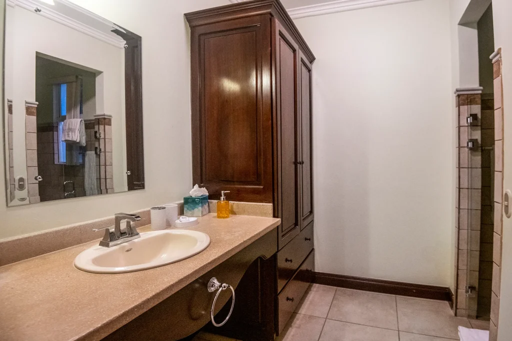 A clean and spacious ensuite bathroom with a wide vanity counter, built-in cabinetry, and walk-in shower.
