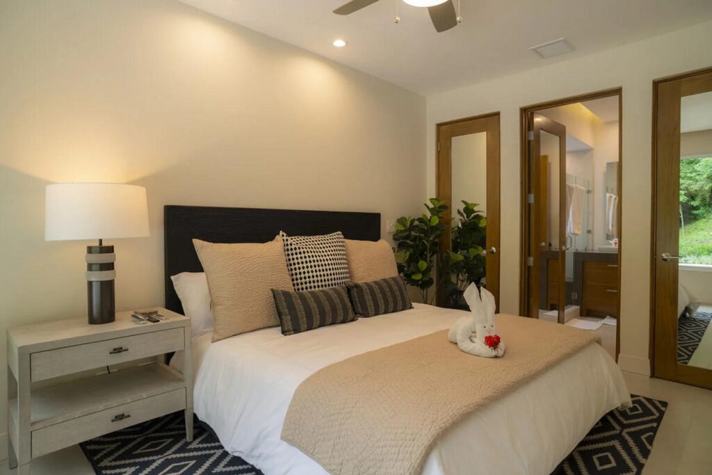 Premium bedding and mattresses offer a restful night's sleep.