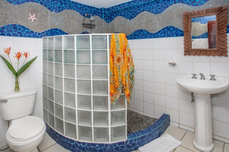 Bathroom with mosaic tile walls and glass block walk-in shower in Manuel Antonio Costa Rica