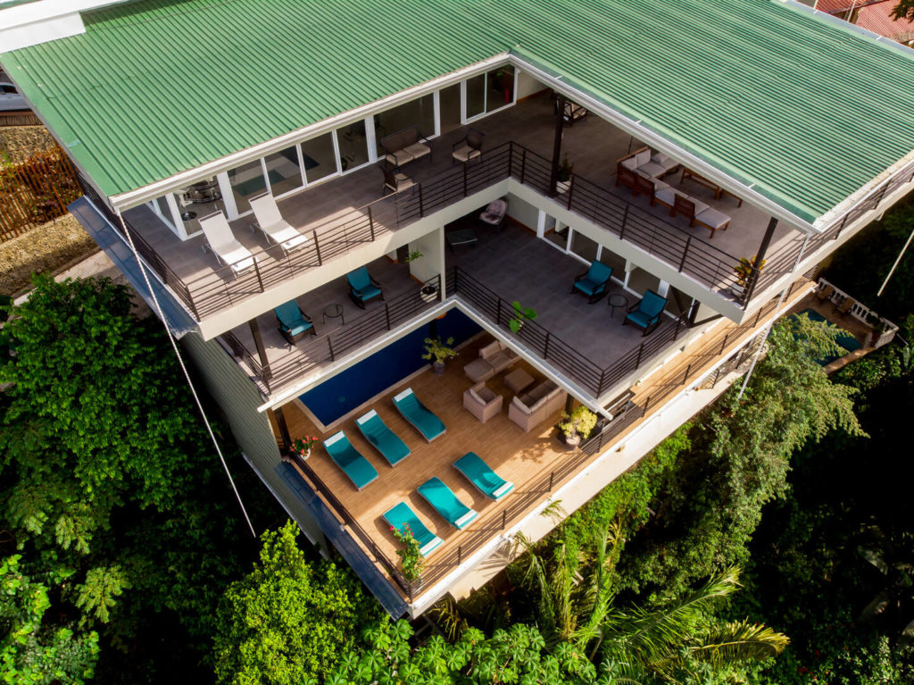 From an aerial perspective, one can fully appreciate the Stunning Manuel Antonio Beach Vacation Home brilliant architecture and how each balcony offers a top rated spectacular ocean view