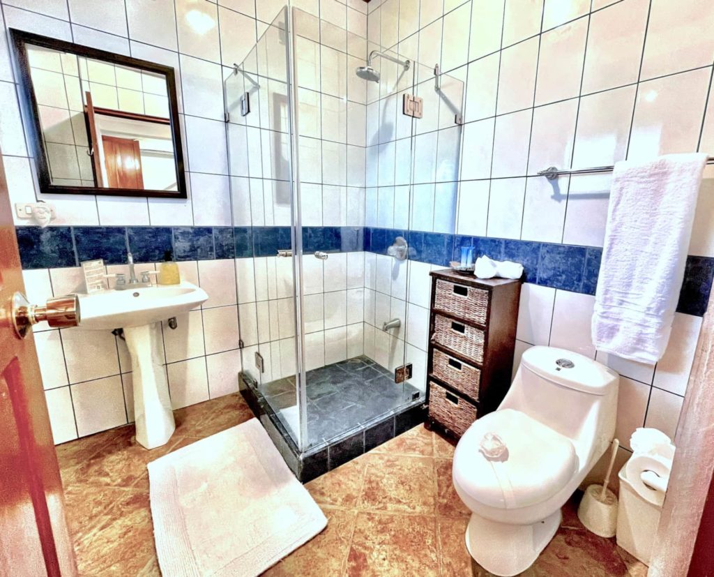 Full in-suite bathroom with modern shower.