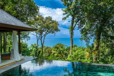 Infinity-edge pool surrounded by tropical jungle with ocean views near Dominical, Costa Rica.
