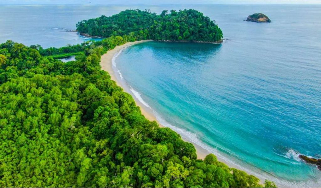 Aerial view of coastline and beaches at Manuel Antonio National Park Costa Rica