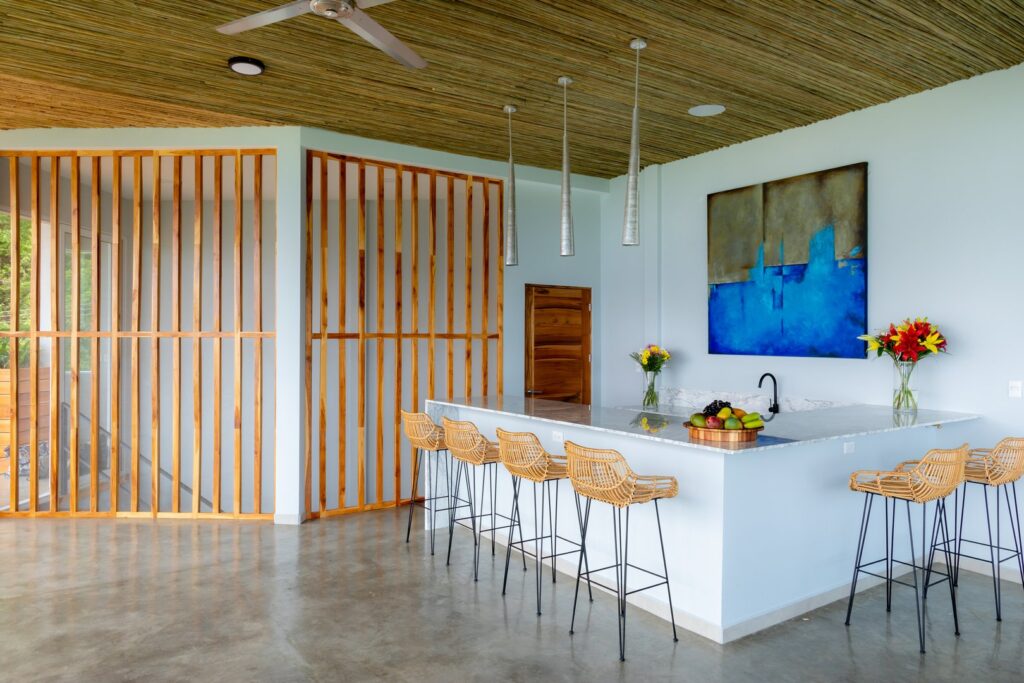 The natural cane ceiling adds a rustic edge to the beautiful thoughtful design of the villa.