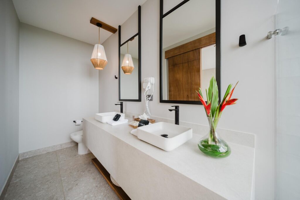 A refined double vanity shaped by clean lines and warm, natural tones.