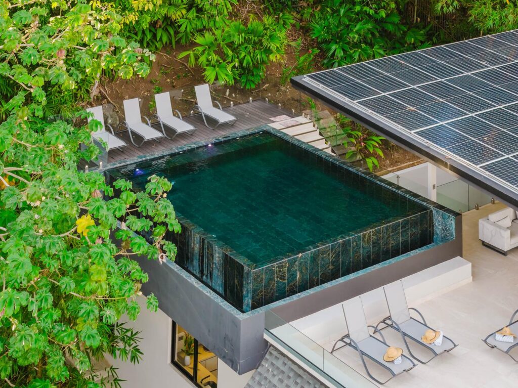 Set above the greenery, the pool deck offers a quiet sense of seclusion.