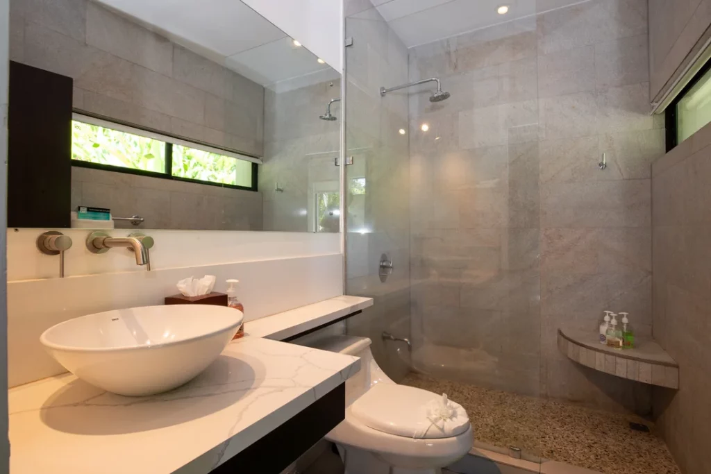 A bathroom adorned with lovely natural light, perfect for unwinding.