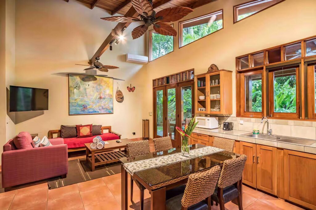The air-conditioned villa also has ceiling fans to help keep things cool and the air flowing.