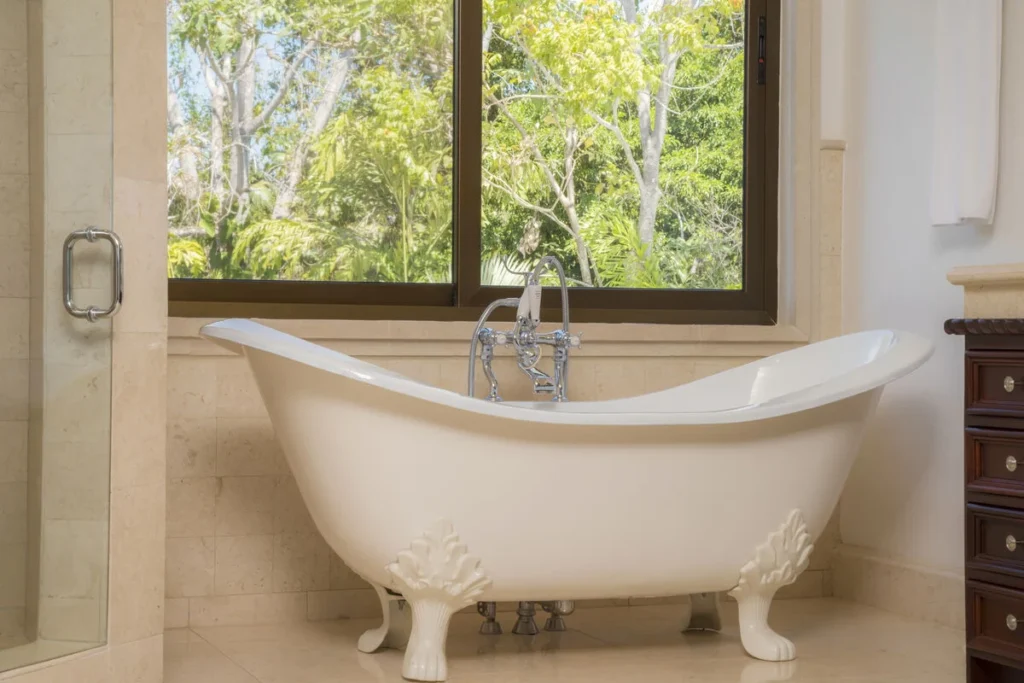 After a day of exploring, unwind with a soak in the master bathroom’s luxurious tub.