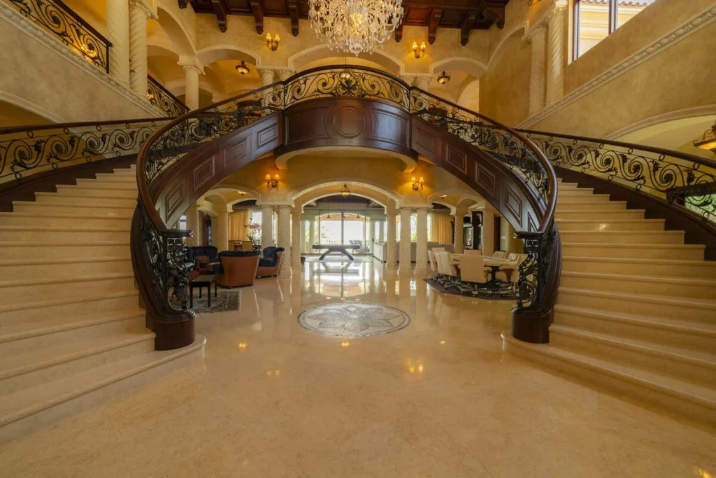 luxury villa interior grand staircase los suenos high ceilings chandelier elegant design