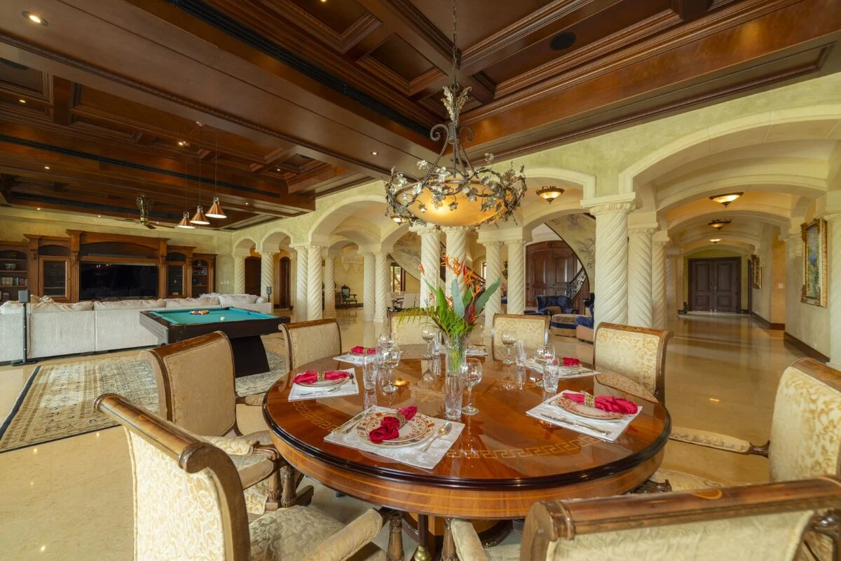 luxury villa dining room los suenos table chandelier open living space interior