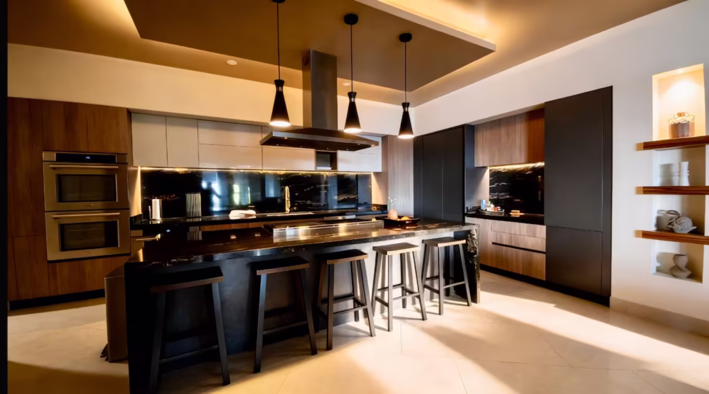A fully equipped gourmet kitchen with a spacious island creates the perfect gathering place for casual breakfasts, family meals, and entertaining.