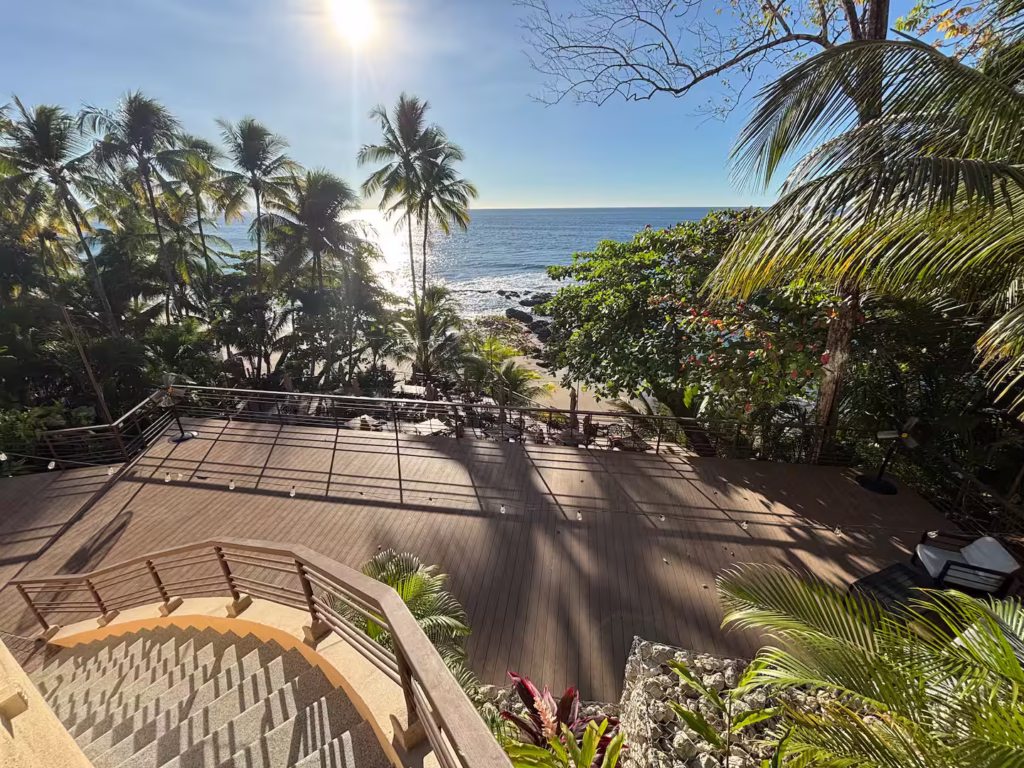 Expansive private oceanfront deck overlooking the Pacific, designed for weddings, celebrations, yoga sessions, and unforgettable sunset gatherings.