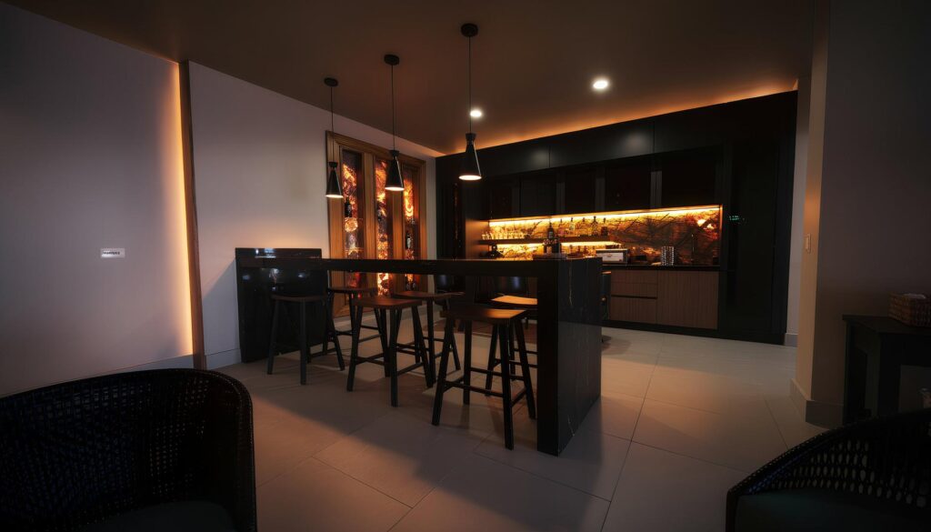 A sophisticated entertainment bar with ambient lighting creates the perfect setting for evening cocktails, conversations, and private gatherings.