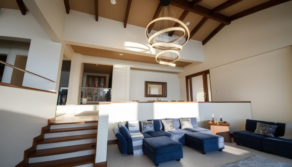Luxury open-concept living room with vaulted ceilings in a Costa Rica beachfront vacation villa