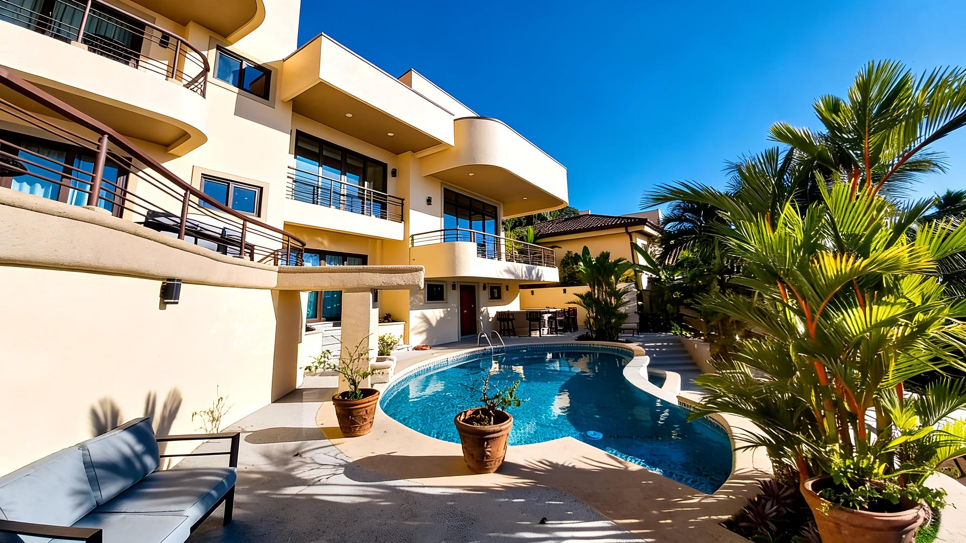 Private swimming pool with tropical patio at a luxury beachfront villa in Costa Rica