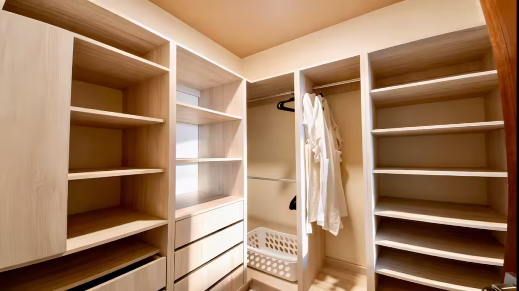 A spacious walk-in closet with custom shelving, drawers, and hanging space keeps every stay organized and comfortable.
